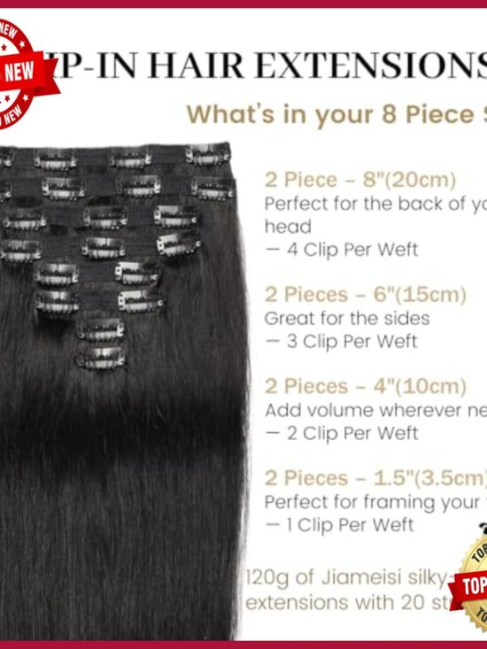 Real Human Hair Clip-in Extensions, 16 Inch Straight, 120g 8pc Set